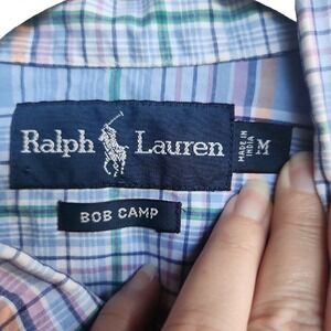 Ralph Lauren Mens Medium Blue Plaid Button Up Bob Camp Short Sleeve Logo Classic
